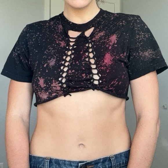 Black Reverse Tie Dye Cutout Slitweave Braided Crop Top Size S - Picture 3 of 8